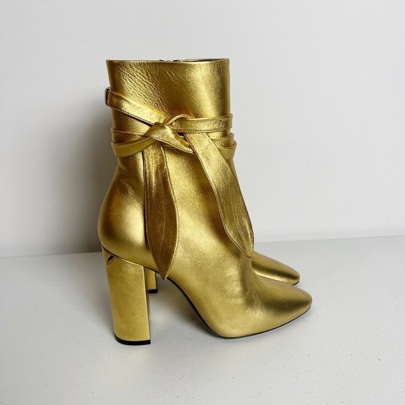 SAINT LAURENT Lou Metallic Gold Leather Ankle-Wrap Boot - Picture 8 of 8